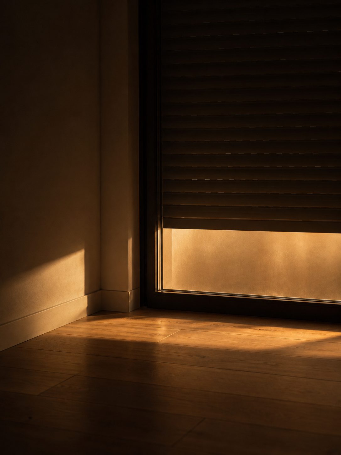 Persiana a media altura dejando entrar la luz de la tarde sobre el suelo de madera